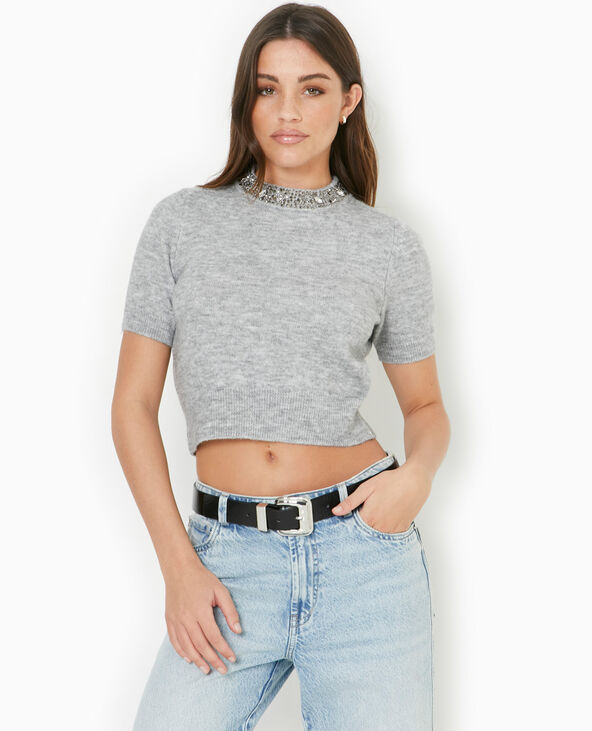 Pull manches courtes avec brillants gris chiné - Pimkie