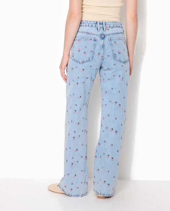 Jean straight taille haute avec broderies fleurs bleu - Pimkie