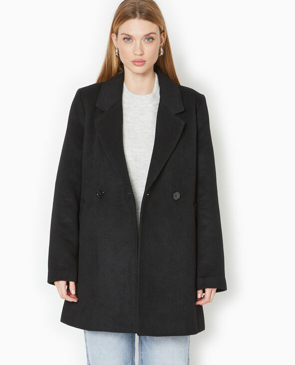 Manteau mi-long en drap de laine noir - Pimkie