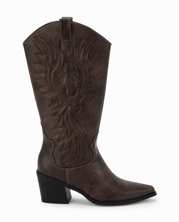 Bottes santiags avec dessins en surpuqûres marron - Pimkie