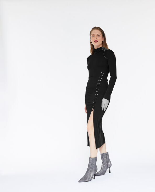 Robe longue en maille côtelée avec laçage  noir - Pimkie