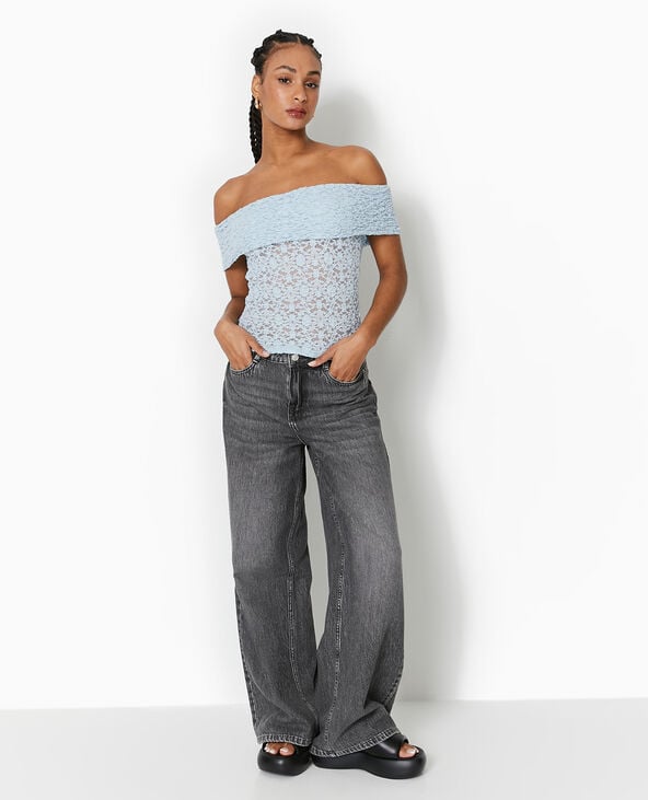 Top en dentelle encolure Bardot bleu clair - Pimkie