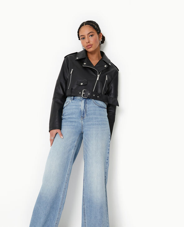 Blouson biker court avec ceinture noir - Pimkie