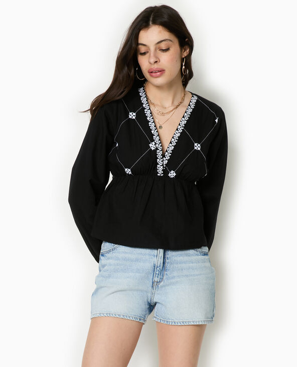 Blouse brodée manches longues noir - Pimkie