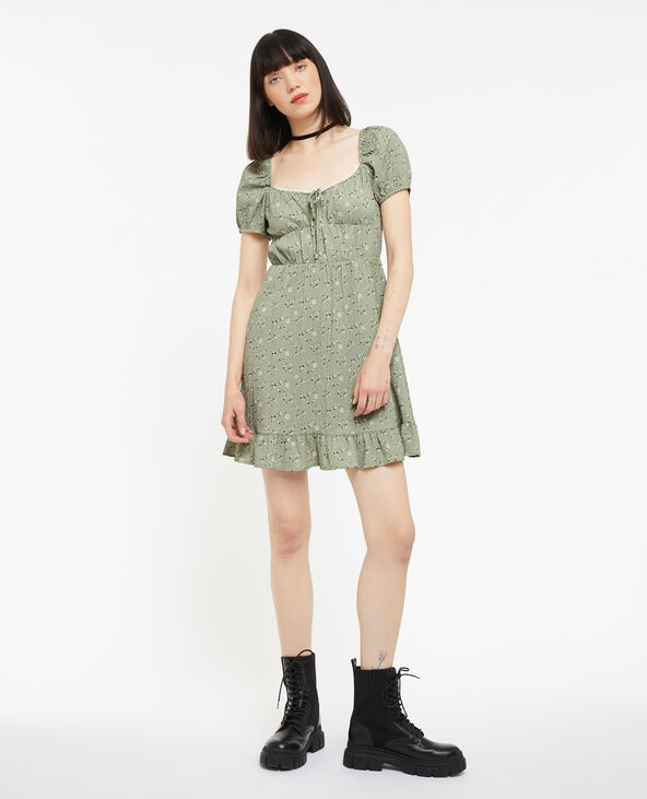 Robe courte forme empire motif fleurs vert kaki - Pimkie