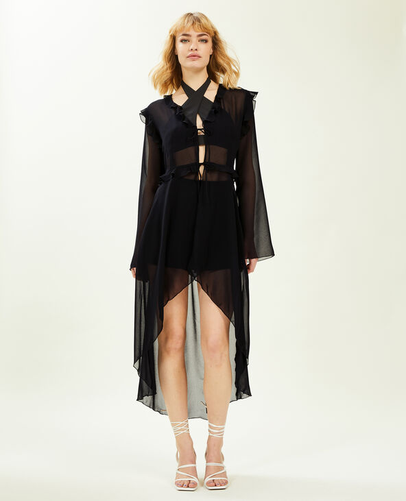 Longue blouse transparente avec volants noir - Pimkie
