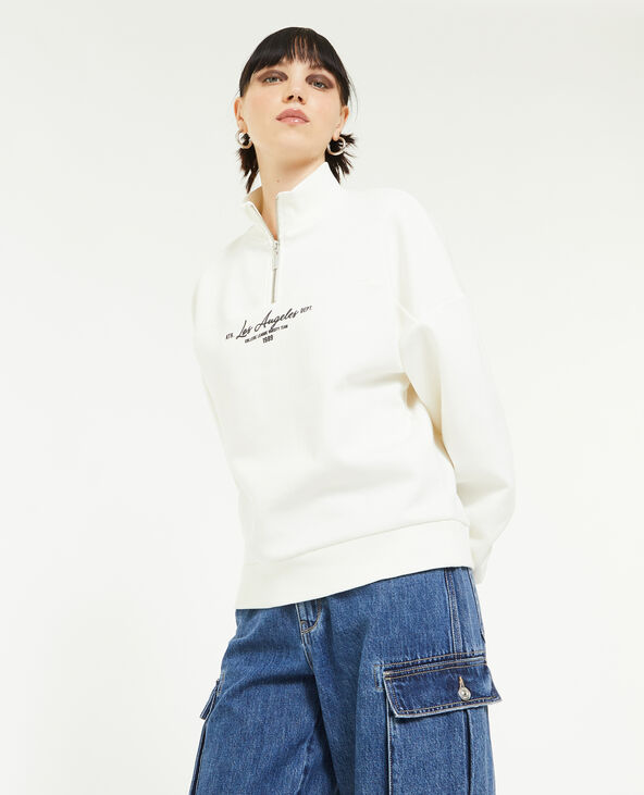 Sweat avec flocage col zippé blanc - Pimkie