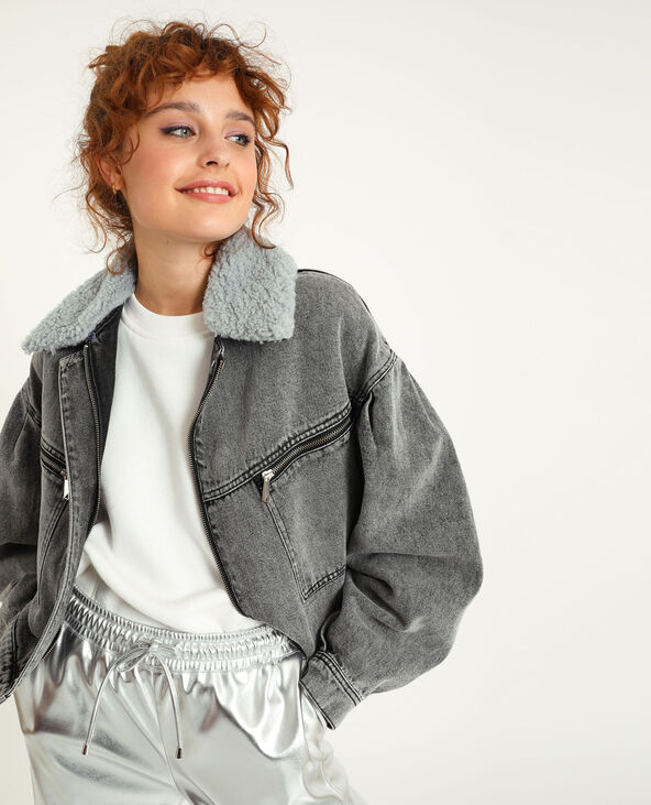 Blouson en jean col fourrure gris - Pimkie