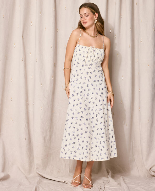 Robe longue avec lin motif fleurs blanc - Pimkie