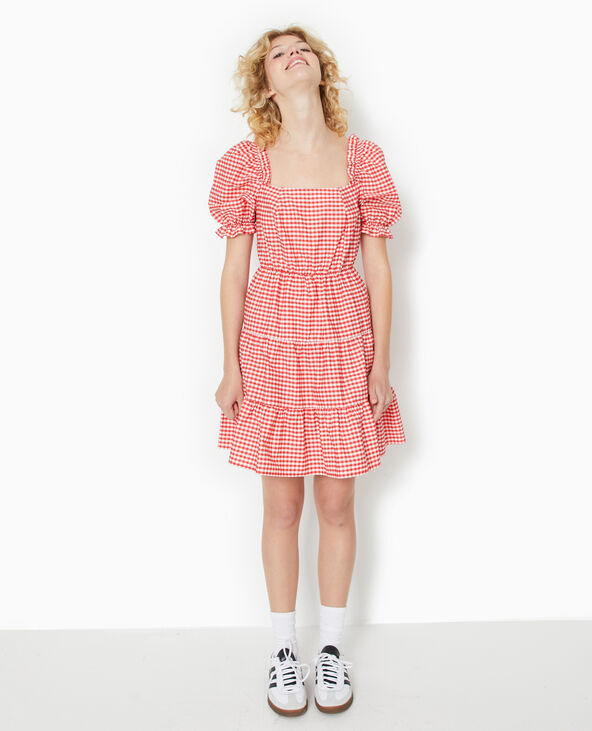 Robe courte avec manches ballons motif vichy rouge - Pimkie