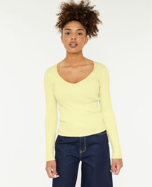 Pull col V maille côtes plates jaune - Pimkie
