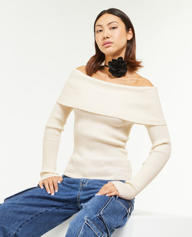 Pull encolure Bardot en maille côtelée écru - Pimkie