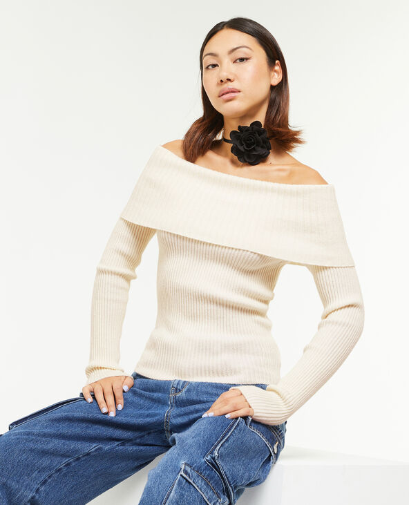 Pull encolure Bardot en maille côtelée écru - Pimkie