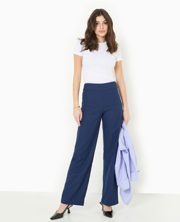 Pantalon droit taille haute avec lin bleu marine - Pimkie