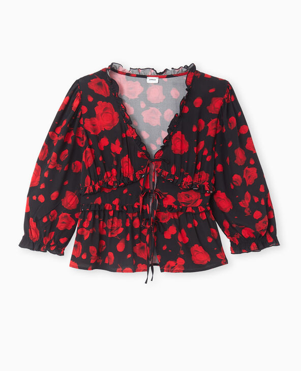 Blouse avec nouettes et volants motif roses noir - Pimkie