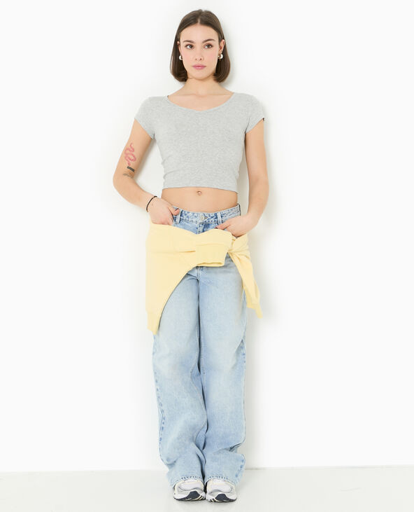 T-shirt court col V gris chiné - Pimkie