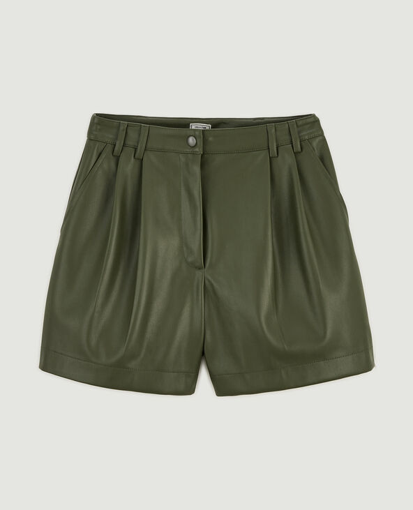 Short taille haute en simili cuir avec pinces vert kaki - Pimkie