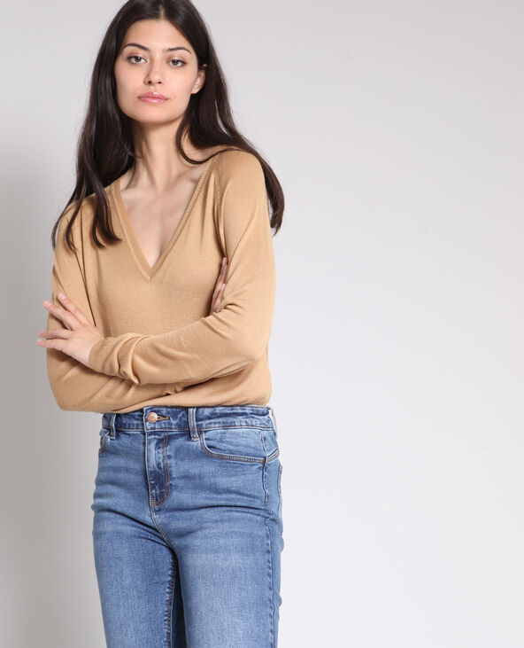 Pull fin à col V beige - Pimkie