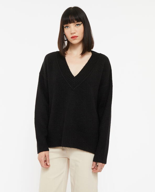 Pull droit avec grand col V noir - Pimkie