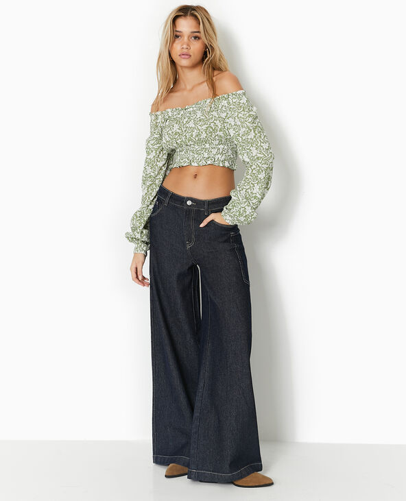 Blouse courte encolure Bardot motif fleurs vert - Pimkie