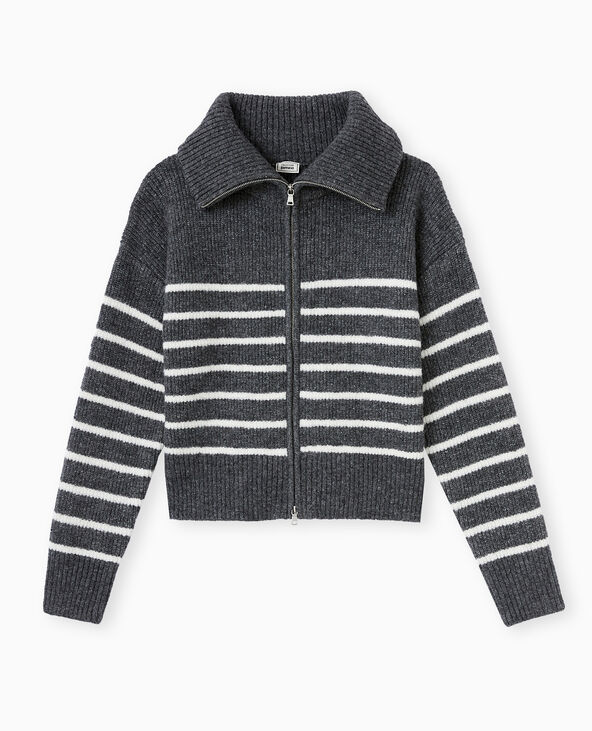 Gilet zippé rayé avec grand col maille côtelée gris foncé - Pimkie