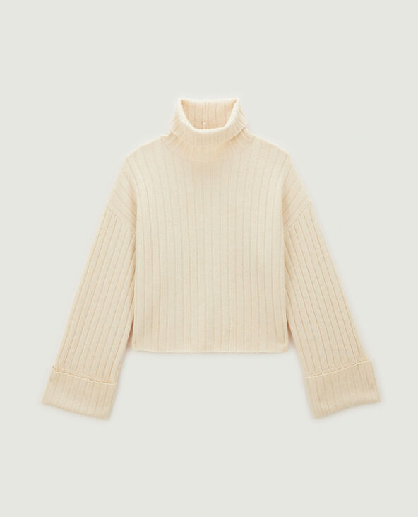 Pull court col roulé en maille côtes plates beige - Pimkie