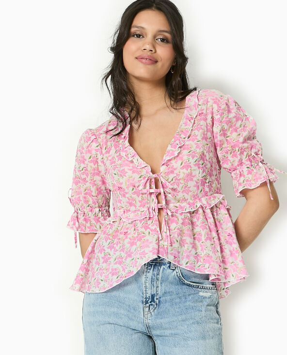 Blouse avec nouettes et volants motif fleurs rose - Pimkie