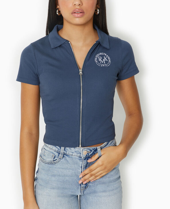 Polo zippé en maille côtelée bleu marine - Pimkie