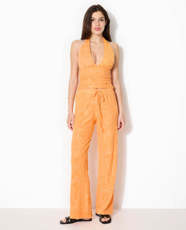 Pantalon ample en éponge jacquard motif fleurs orange - Pimkie