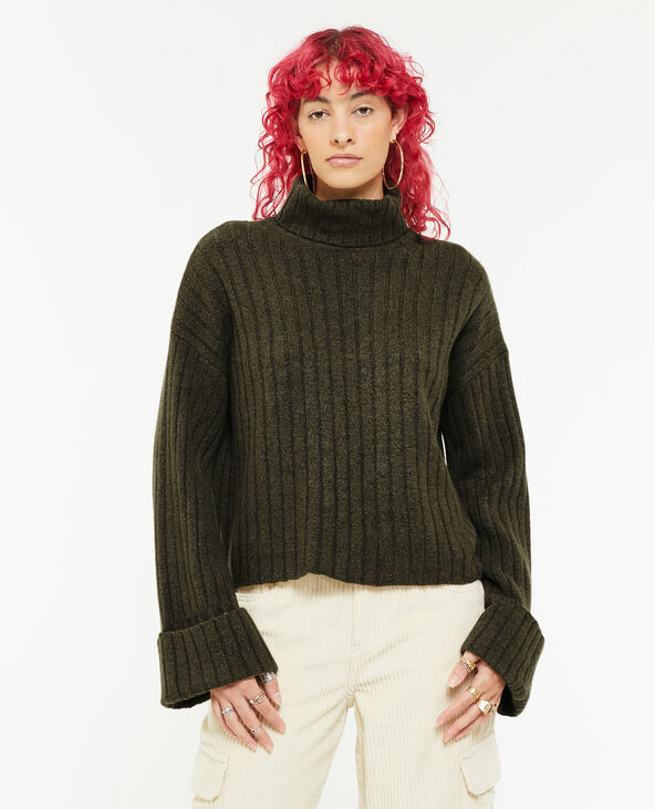 Pull court col roulé en maille côtes plates vert kaki - Pimkie
