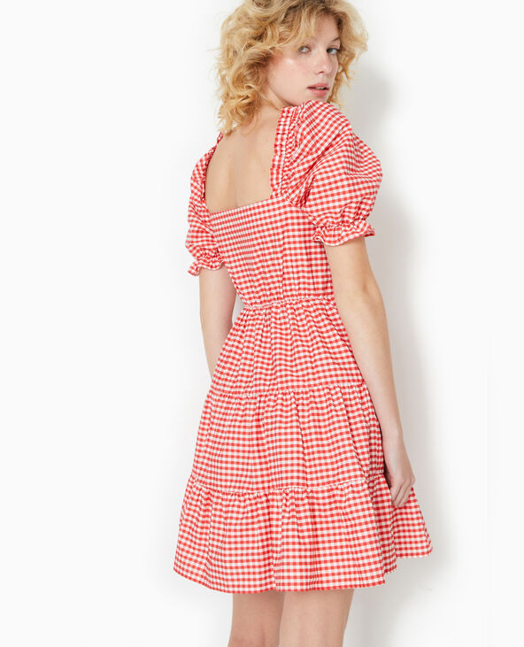 Robe courte avec manches ballons motif vichy rouge - Pimkie