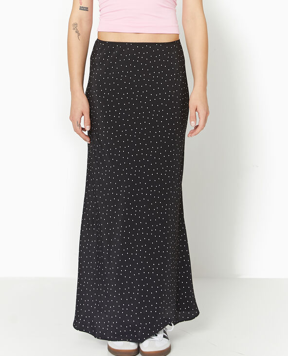 Jupe longue en tissu fluide motif pois noir - Pimkie