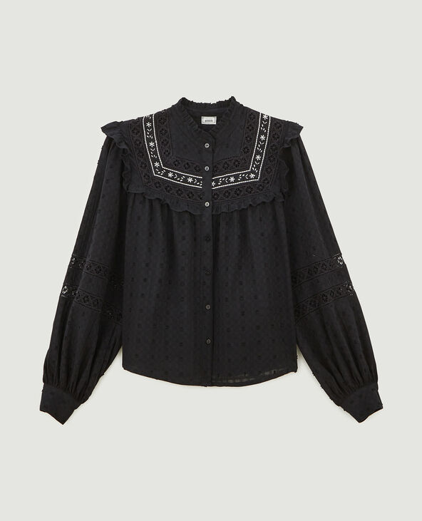 Blouse boutonnée avec dentelle et volants noir - Pimkie