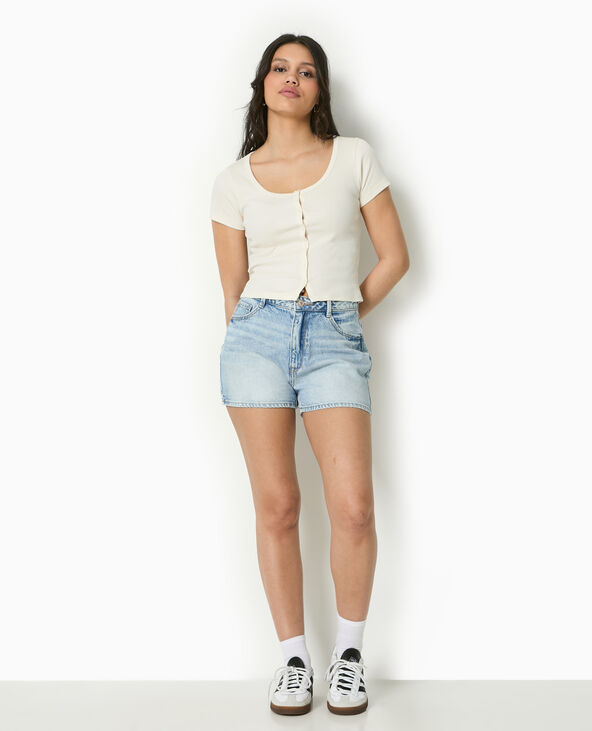 T-shirt court boutonné en maille côtelée blanc - Pimkie