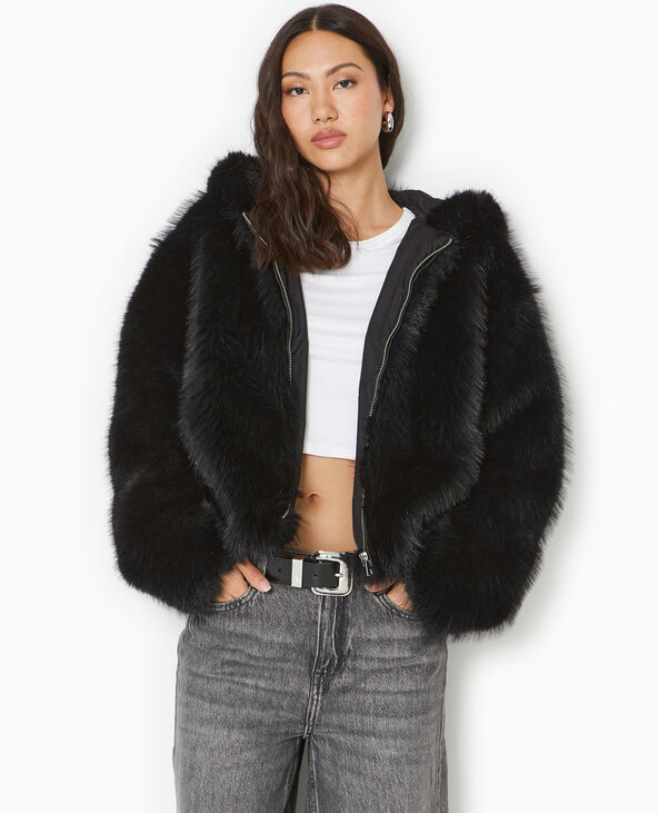 Blouson en fausse fourrure avec capuche noir - Pimkie