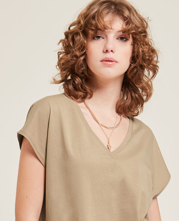 T-shirt col V manches courtes camel - Pimkie