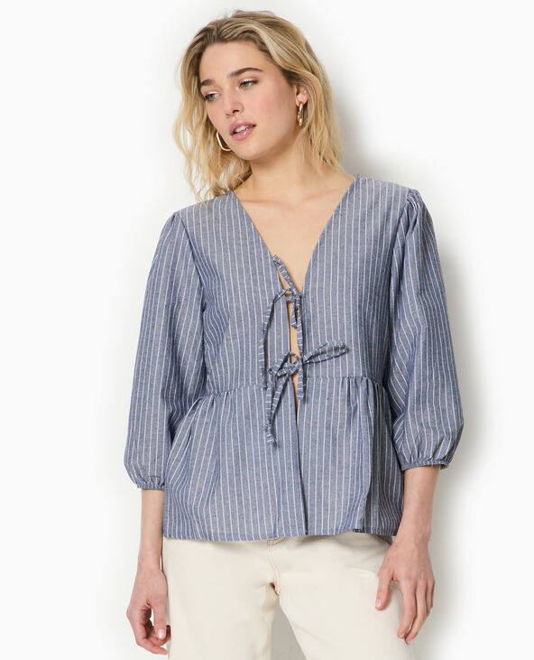 Blouse rayée avec nouettes et manches bouffantes bleu marine - Pimkie