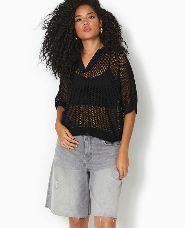 Pull polo manches courtes en maille ajourée noir - Pimkie