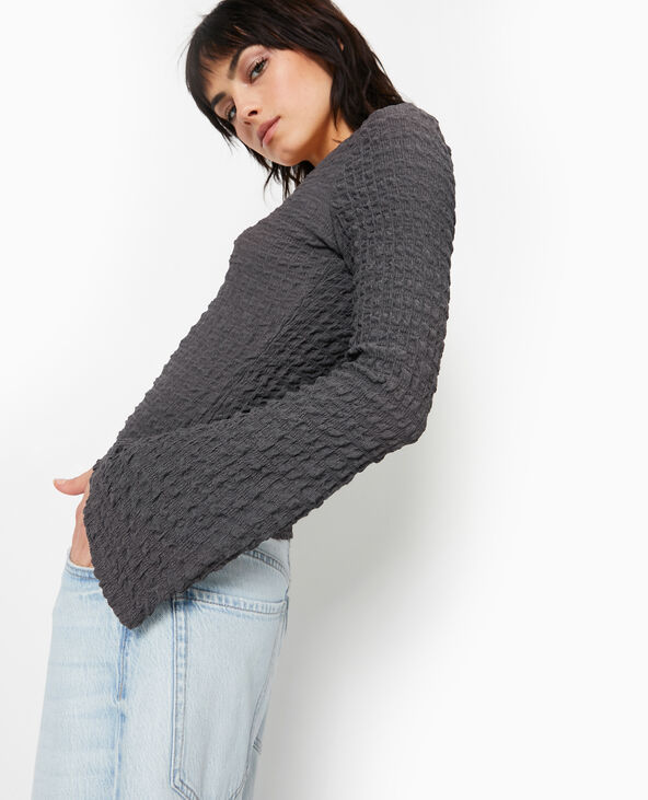 Top manches longues en maille gaufrée gris foncé - Pimkie