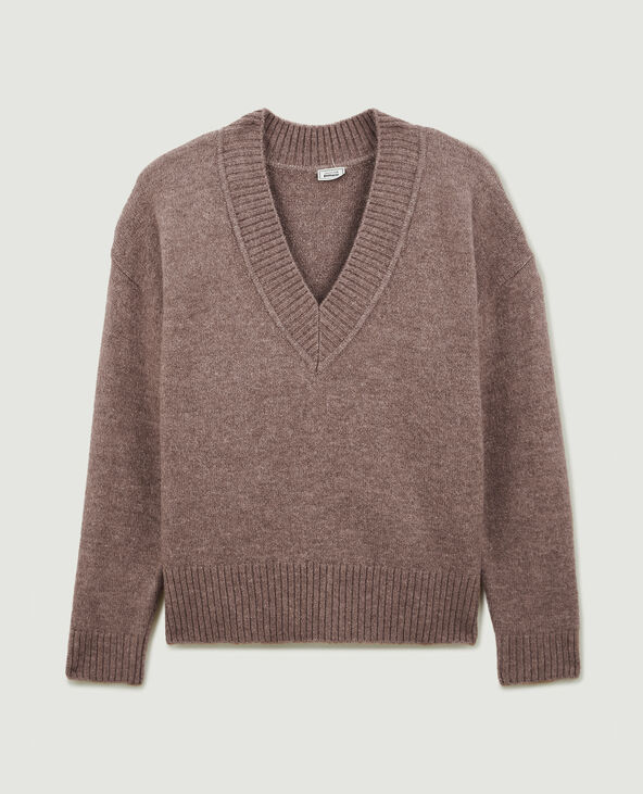 Pull droit ave grand col V taupe - Pimkie