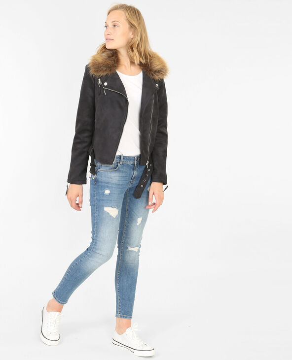 Veste suédine col fausse fourrure noir - Pimkie