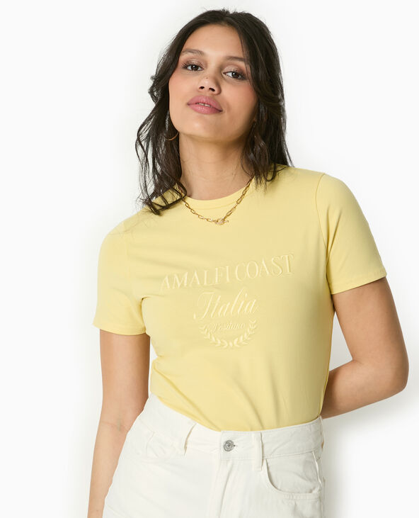 T-shirt court avec broderie ton sur ton Jaune pâle - Pimkie