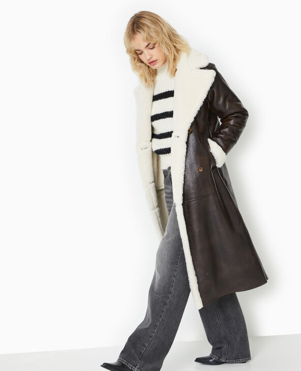 Manteau long en simili et fourrure marron - Pimkie