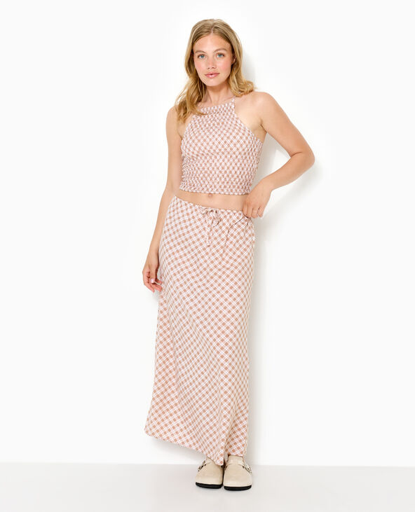 Jupe longue ceinture élastiquée motif carreaux beige - Pimkie