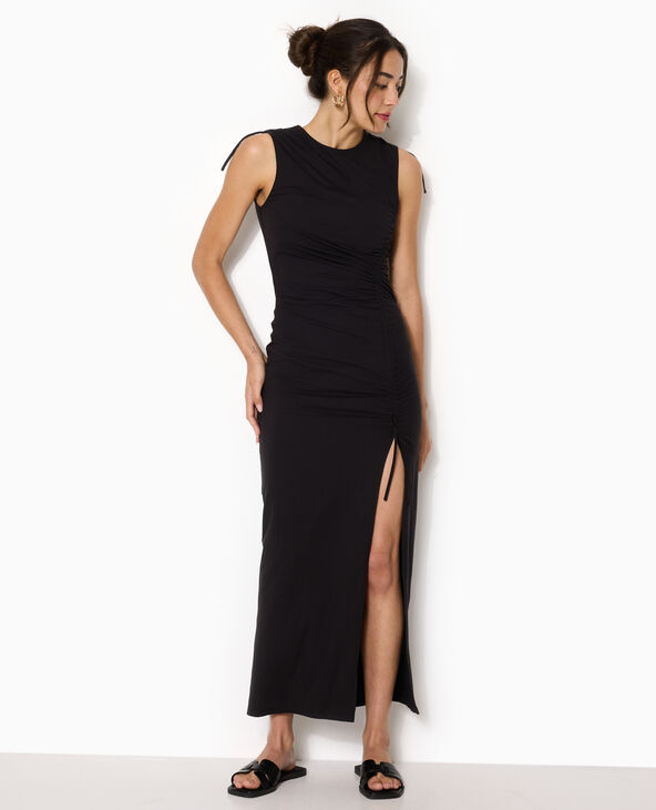 Robe longue avec liens coulissés et fronces noir - Pimkie