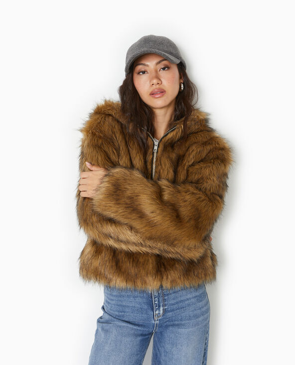 Blouson en fausse fourrure avec capuche taupe - Pimkie