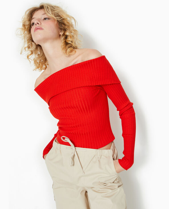 Pull maille côtelée encolure Bardot rouge - Pimkie