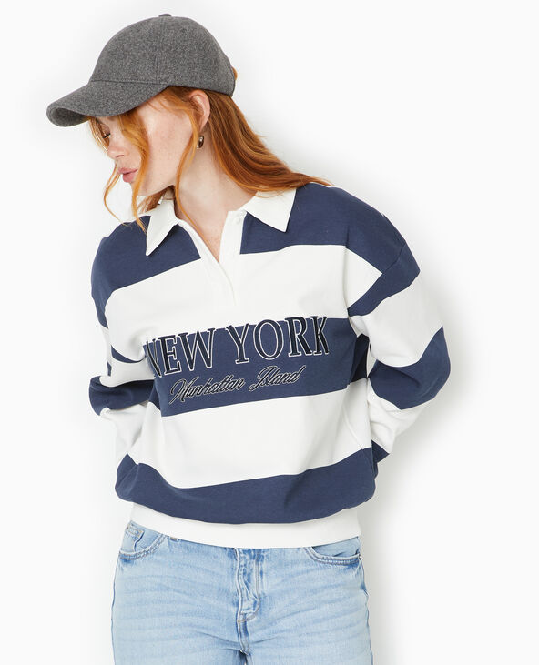 Sweat à rayures avec col polo et broderie bleu - Pimkie