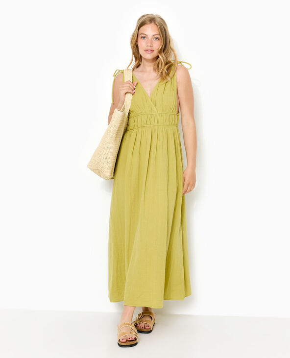 Robe longue en gaze de coton avec nouettes vert kaki - Pimkie