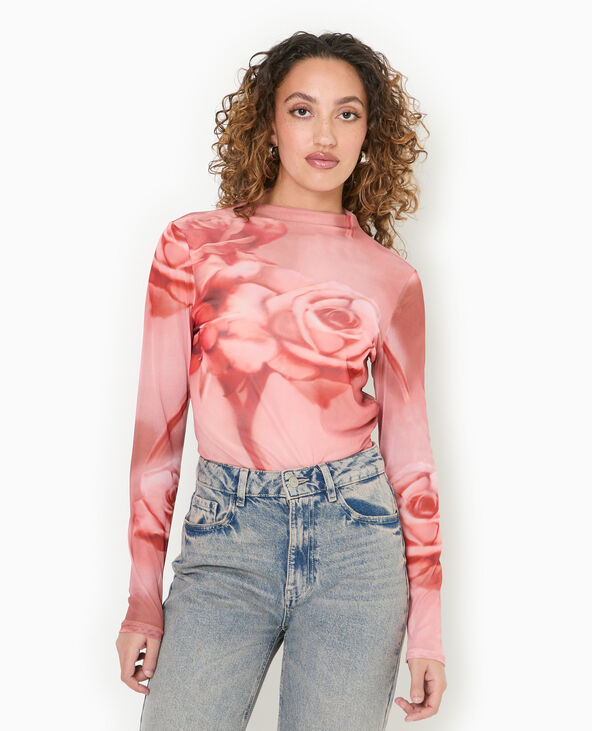 Top manches longues en résille motif roses rouge - Pimkie
